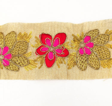 Beige Silk Fabric Trim, Red, Pink & Gold Floral Embroidery Indian Sari Border Trim By Yard Decorative Trim Craft Lace